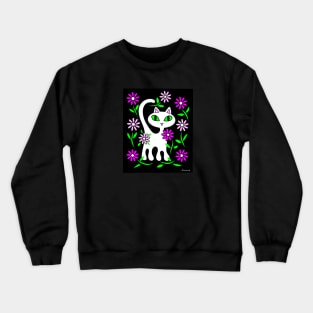 White Cat in Flower Garden Crewneck Sweatshirt